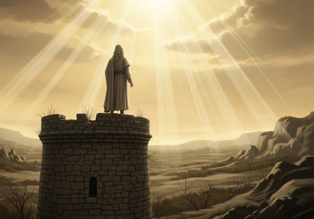 Figura solitária em torre de pedra observa um deserto iluminado pelo sol