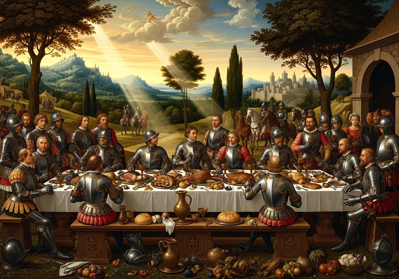 Um longo table set com comida, soldados reunidos sob um pôr do sol dourado