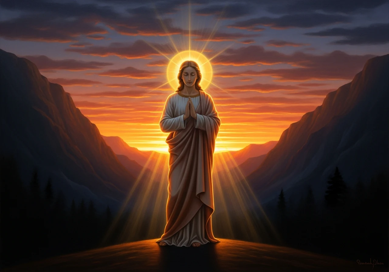 Figura serena diante de um pôr do sol dramático, montagnes escuras ao fundo