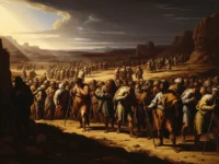 Grande multidão no deserto ensolarado, com bastões e roupas rasgadas