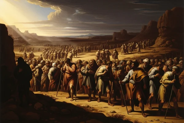 Grande multidão no deserto ensolarado, com bastões e roupas rasgadas