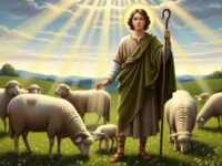 Jovem pastor em pastagem verde sob sol, segurando cajado com ovelhas pastando ao redor