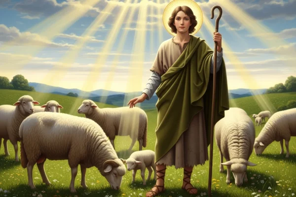 Jovem pastor em pastagem verde sob sol, segurando cajado com ovelhas pastando ao redor