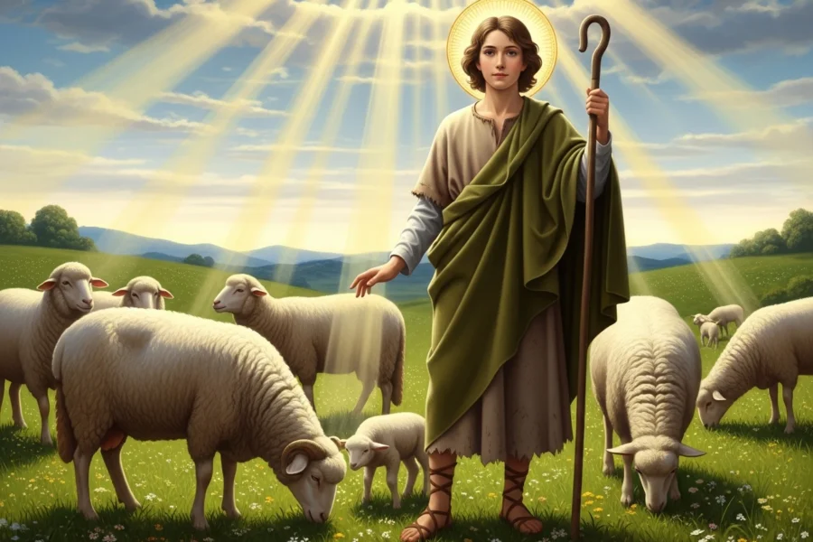 Jovem pastor em pastagem verde sob sol, segurando cajado com ovelhas pastando ao redor