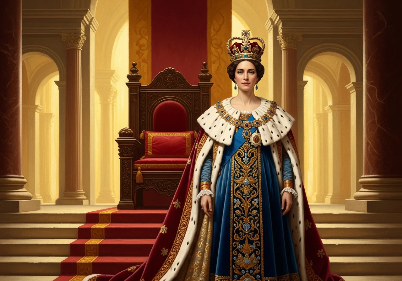 Mulher regalia em roupagem elaborada diante de um trono sob luz dourada