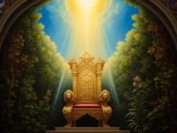 Um trono majestoso em ouro, cercado por vegetação exuberante, sob um céu azul vibrante