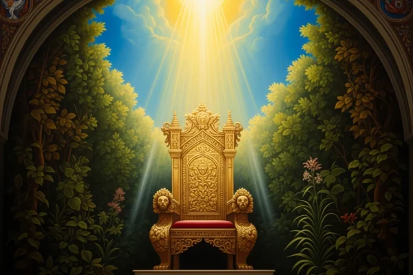Um trono majestoso em ouro, cercado por vegetação exuberante, sob um céu azul vibrante