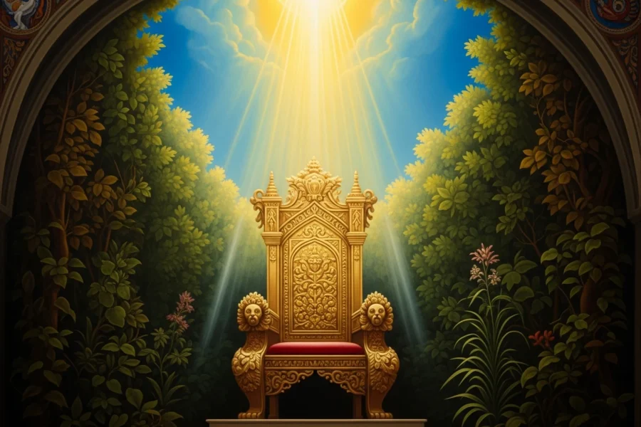 Um trono majestoso em ouro, cercado por vegetação exuberante, sob um céu azul vibrante