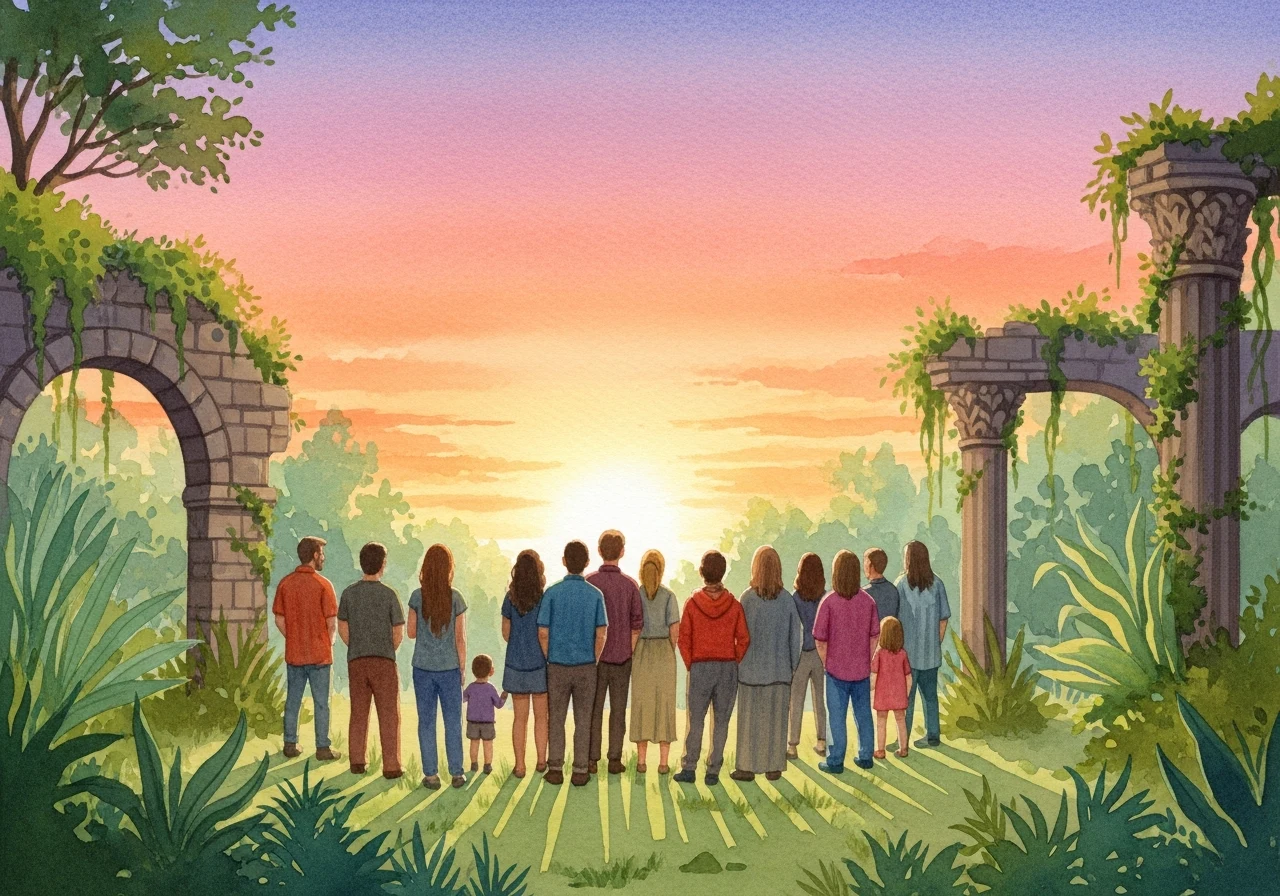 Grupo diverso de pessoas sob o pôr do sol, rodeado de vegetação e ruínas antigas