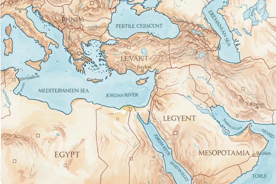 Mapa antigo da Terra Santa com figuras bíblicas e rios