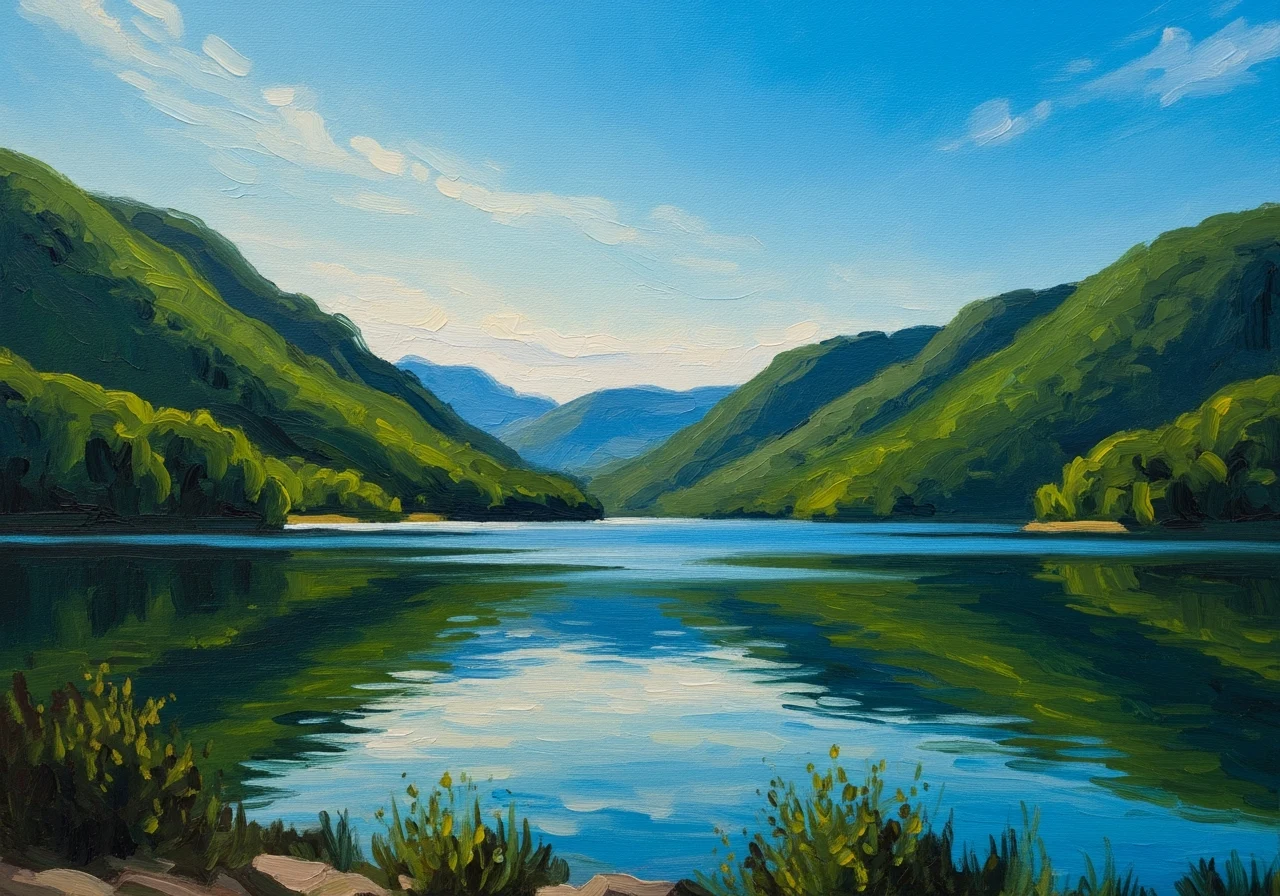 Lago sereno cercado por colinas verdes sob um céu azul radiante