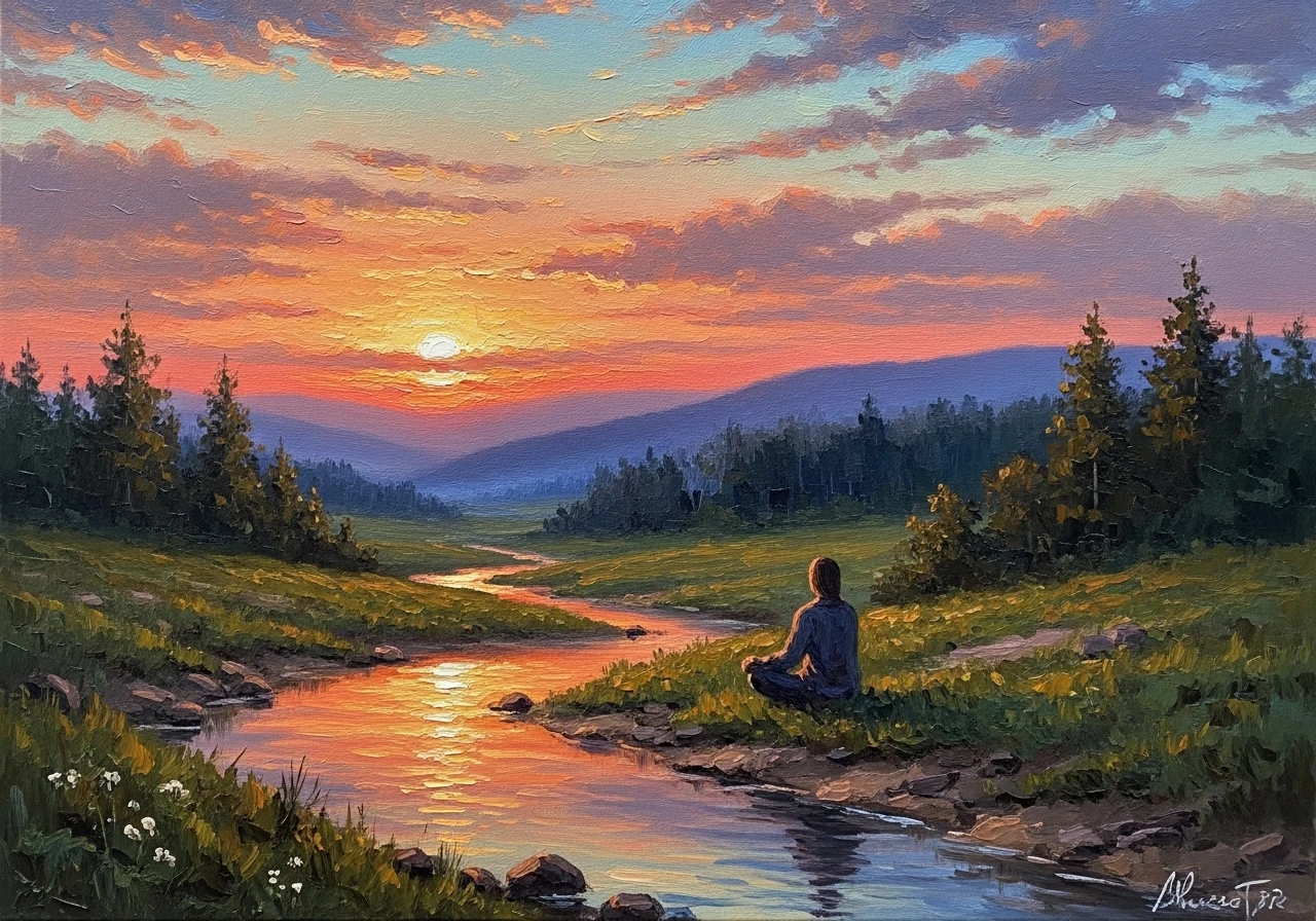 Figura solitária meditando à beira de um riacho tranquilo ao pôr do sol