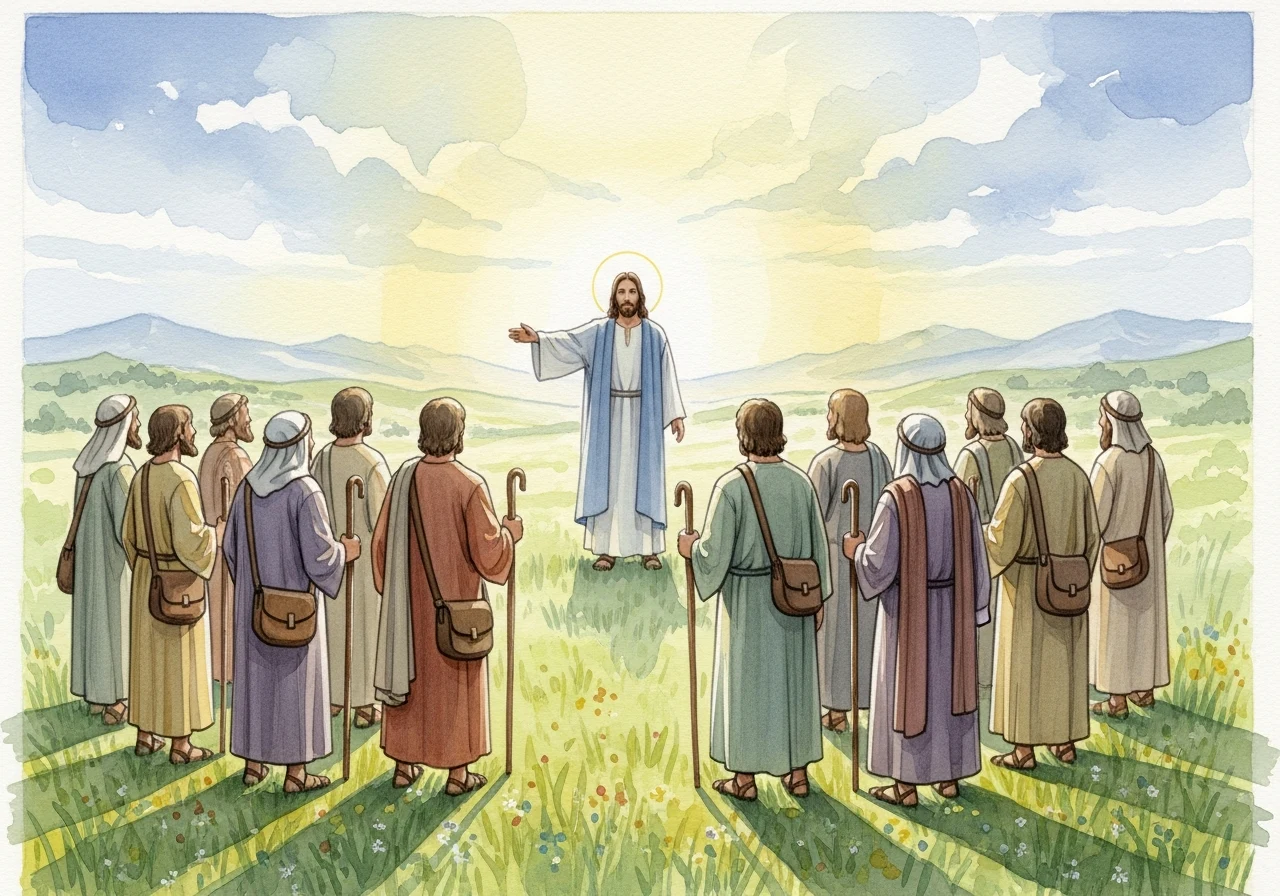 Jesus em túnica, rodeado por discípulos, apontando para o caminho com um fundo de natureza exuberante