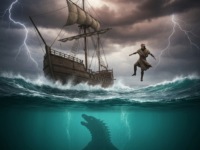 Homem cai de um navio em mar tempestuoso com raios, enquanto um grande monstro