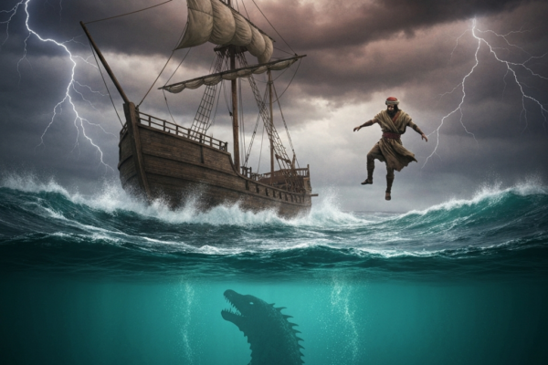 Homem cai de um navio em mar tempestuoso com raios, enquanto um grande monstro