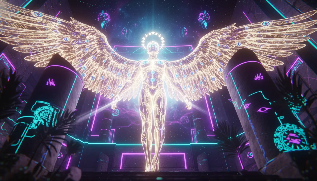 Anjo de luz dourada com asas cobertas de olhos e coroa estelar, entre colunas neon em cenário cósmico.