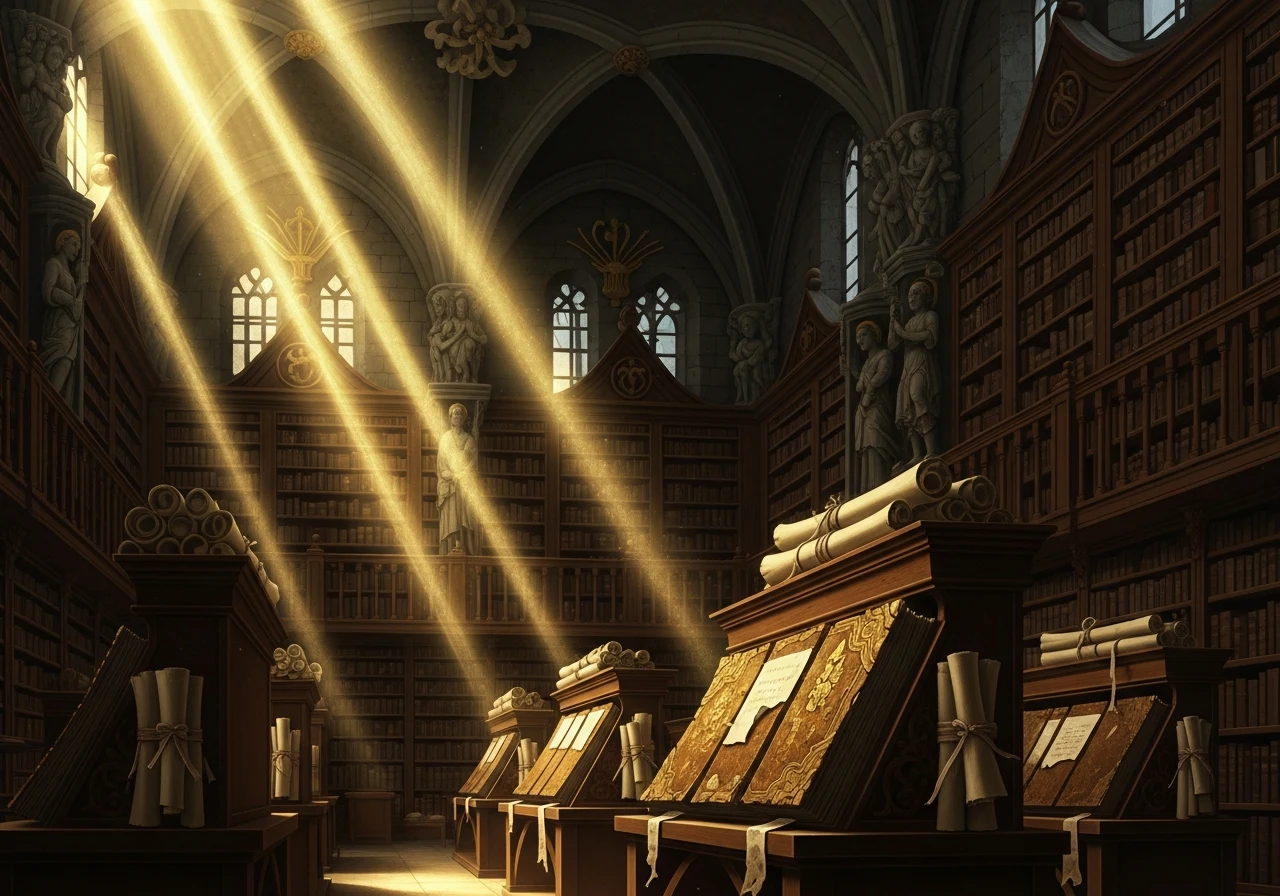 Sala mal iluminada repleta de textos antigos e pergaminhos, sombras projetadas nas paredes de pedra