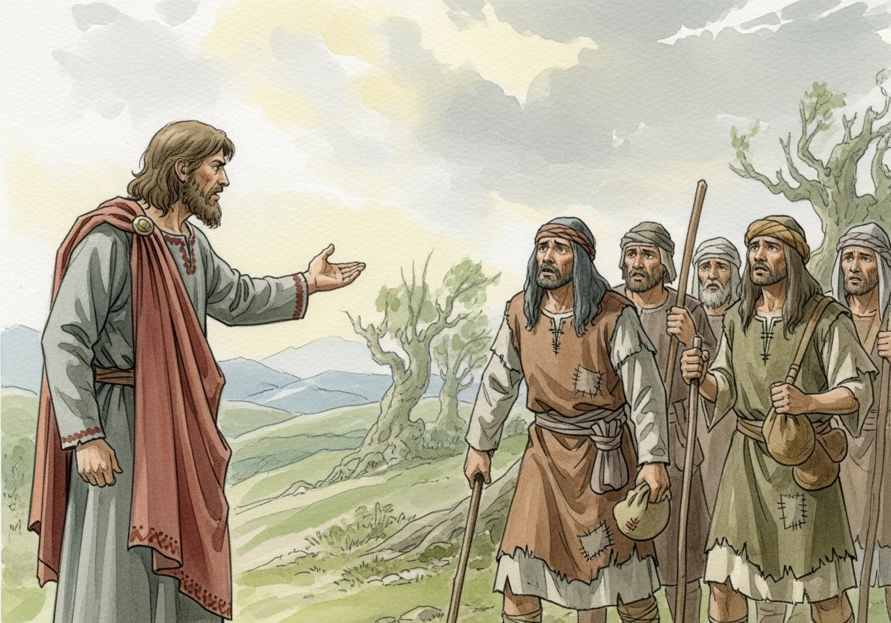 Saul arguing with the Gibeonites; tension in the air and serious expressions