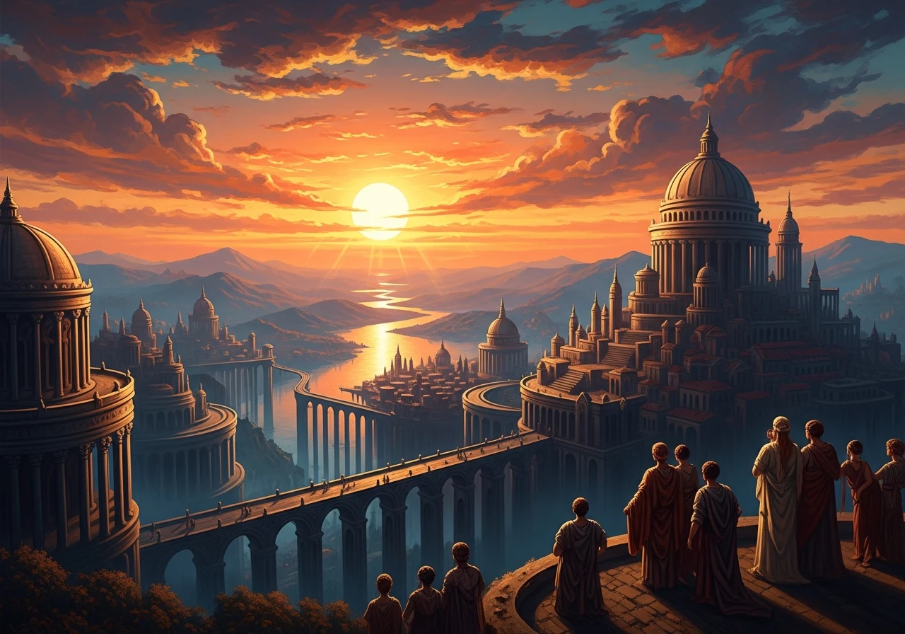 A city with a dark sky, motionless buildings, and people in shock, staring at a cloud-covered sun