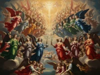 Anjos em diferentes níveis de hierarquia, cercados por nuvens e luz celestial