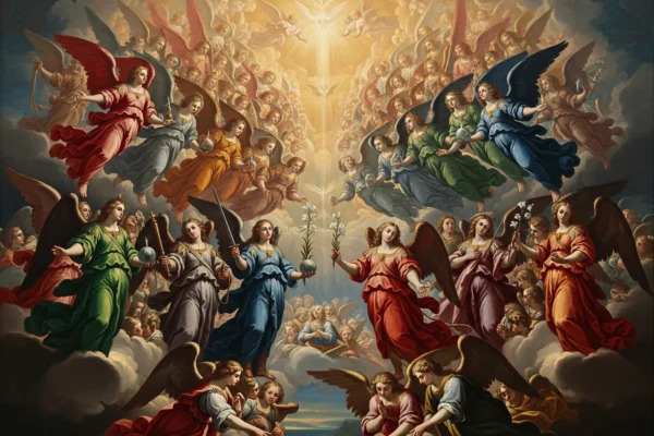 Anjos em diferentes níveis de hierarquia, cercados por nuvens e luz celestial