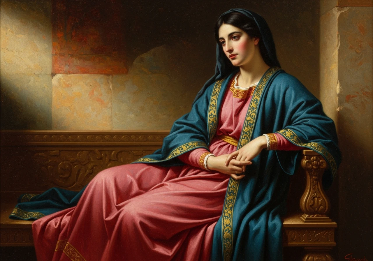 Mulher vestida com túnica antiga, segurando um livro sagrado, em um cenário bíblico