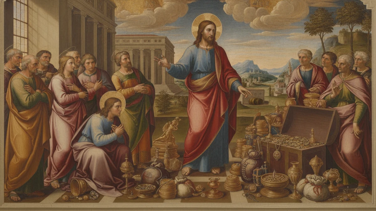 Imagem estilo afresco ilustrando As advertências de Jesus sobre o acúmulo de bens.