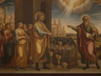 Afresco renascentista detalhado, ilustrando O Significado Bíblico de Opulência e a riqueza, com figuras santas e tesouros.