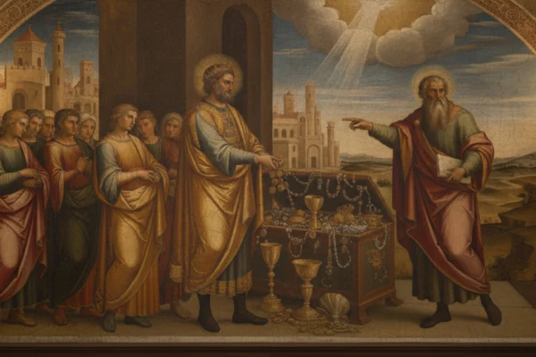 Afresco renascentista detalhado, ilustrando O Significado Bíblico de Opulência e a riqueza, com figuras santas e tesouros.