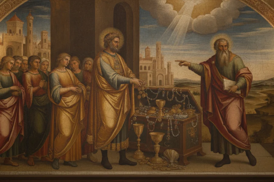 Afresco renascentista detalhado, ilustrando O Significado Bíblico de Opulência e a riqueza, com figuras santas e tesouros.