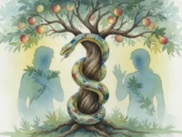 Gênesis 3: A tentação no jardim do Éden, uma pintura em aquarela.