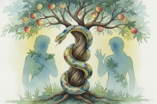 Gênesis 3: A tentação no jardim do Éden, uma pintura em aquarela.