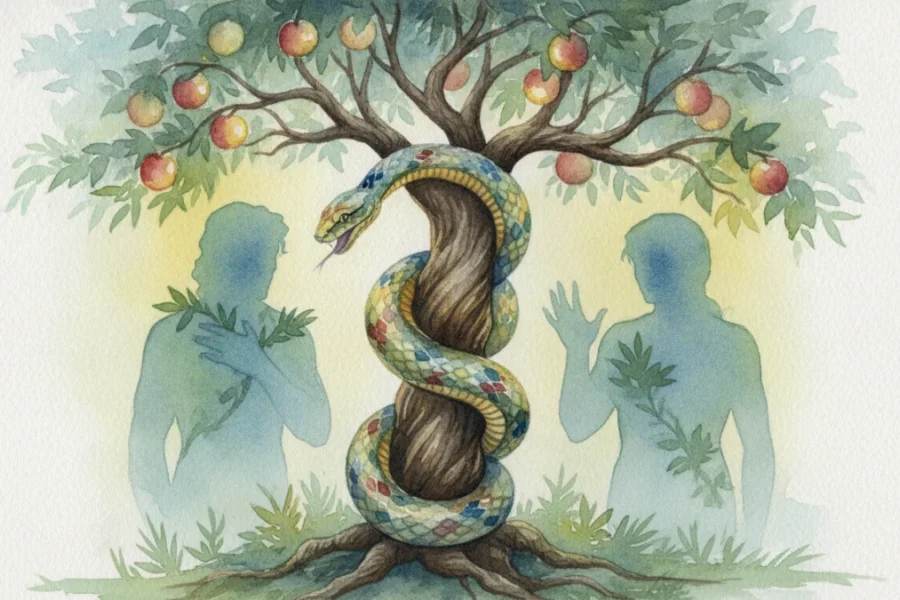 Gênesis 3: A tentação no jardim do Éden, uma pintura em aquarela.