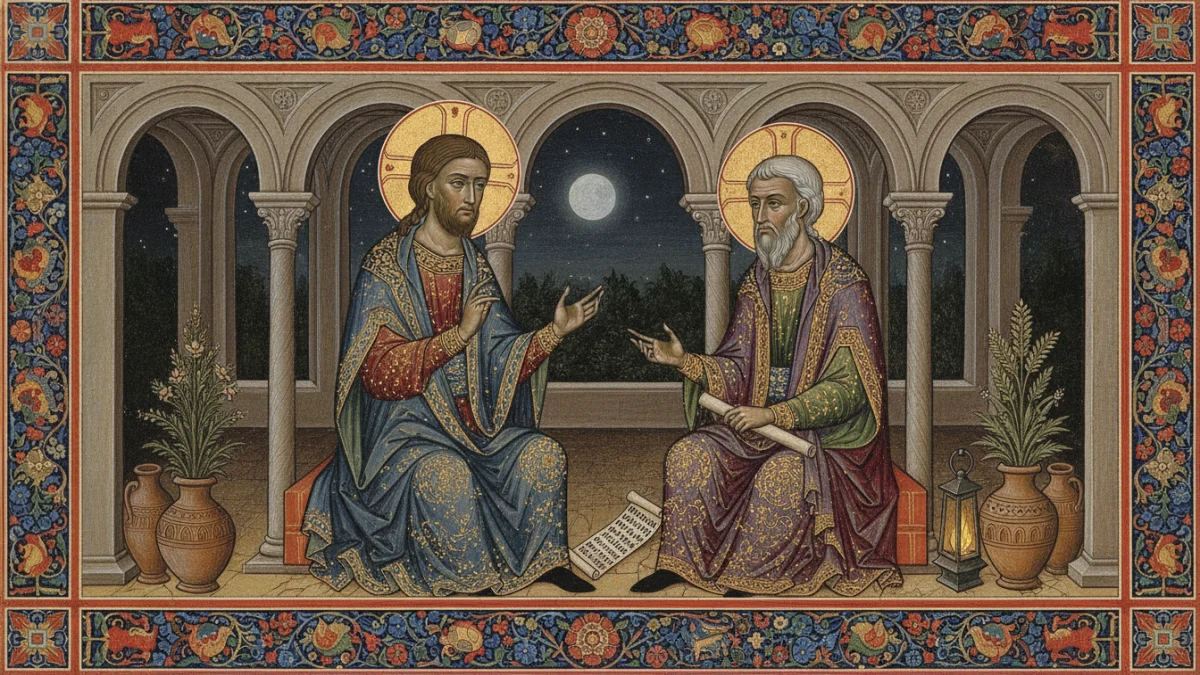 Nicodemos na Biblia e o seu encontro secreto com Jesus em uma iluminura medieval com detalhes dourados.
