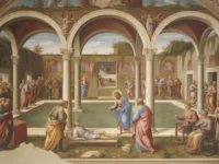 Cena de Betesda em estilo afresco, com Jesus curando um homem.