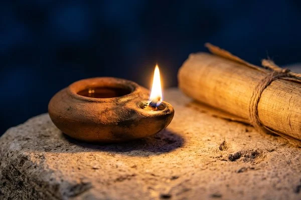 Lâmpada de óleo de barro acesa sobre uma mesa de pedra, ao lado de um rolo fechado