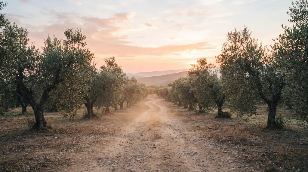 Caminho de terra entre oliveiras ao entardecer, sem pessoas