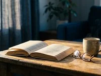 Livro aberto sobre mesa de madeira, com luz suave de janela entrando pela lateral