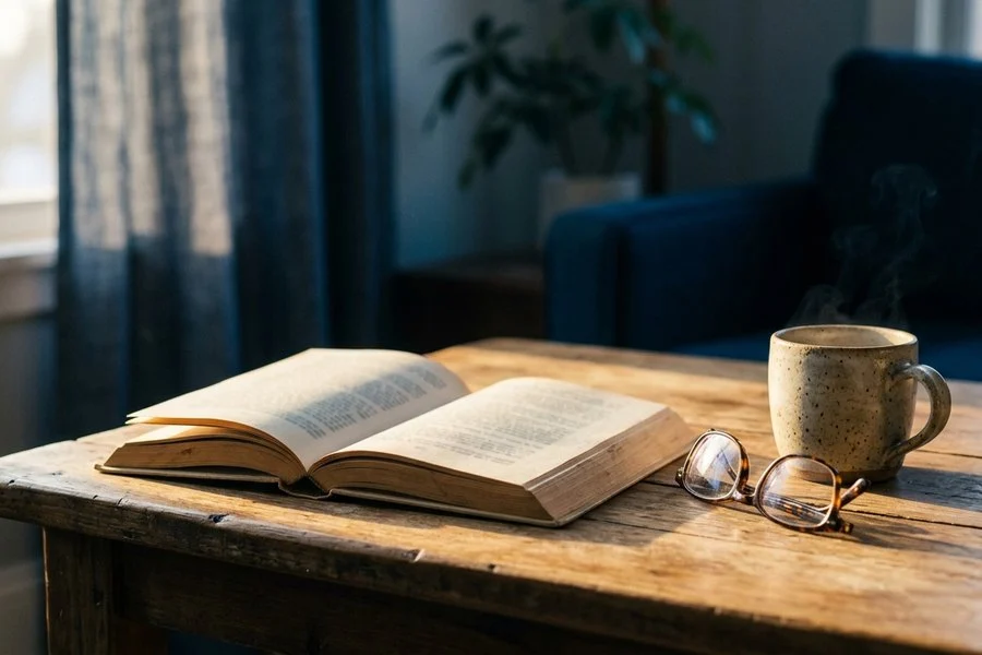 Livro aberto sobre mesa de madeira, com luz suave de janela entrando pela lateral