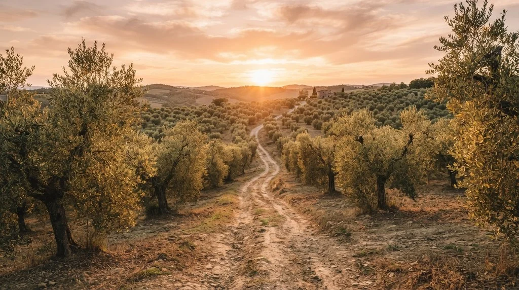 Caminho de terra entre oliveiras ao entardecer, sob luz dourada