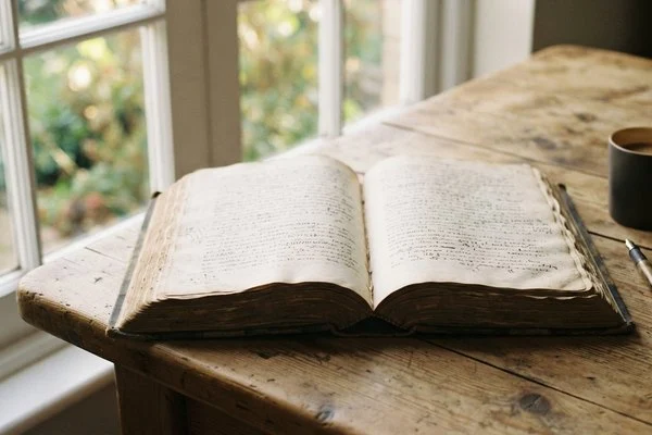 Livro aberto com páginas em branco sobre uma mesa de madeira iluminada pela luz de uma janela