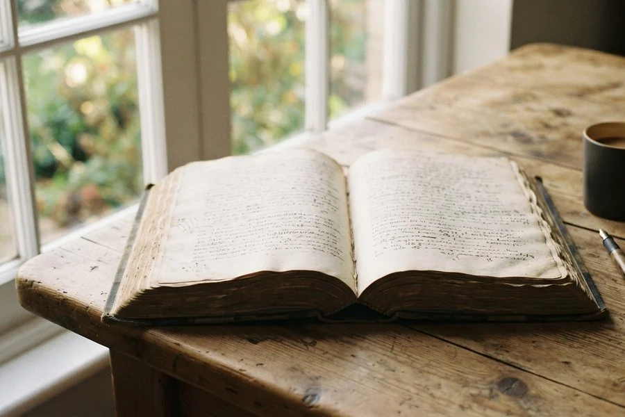Livro aberto com páginas em branco sobre uma mesa de madeira iluminada pela luz de uma janela