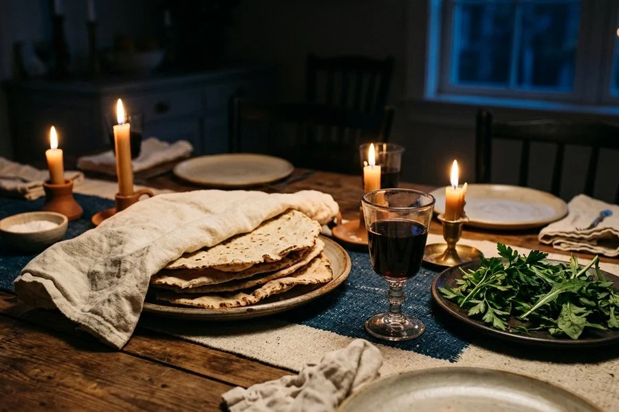 Mesa com pão sem fermento, taça de vinho, ervas e velas acesas sobre toalha de linho